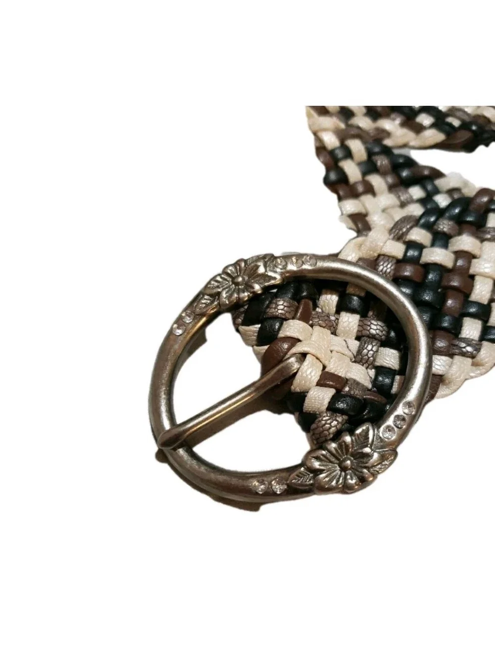 Relic Belt Braided Woven Neutral Colors Silver Floral Buckle 34